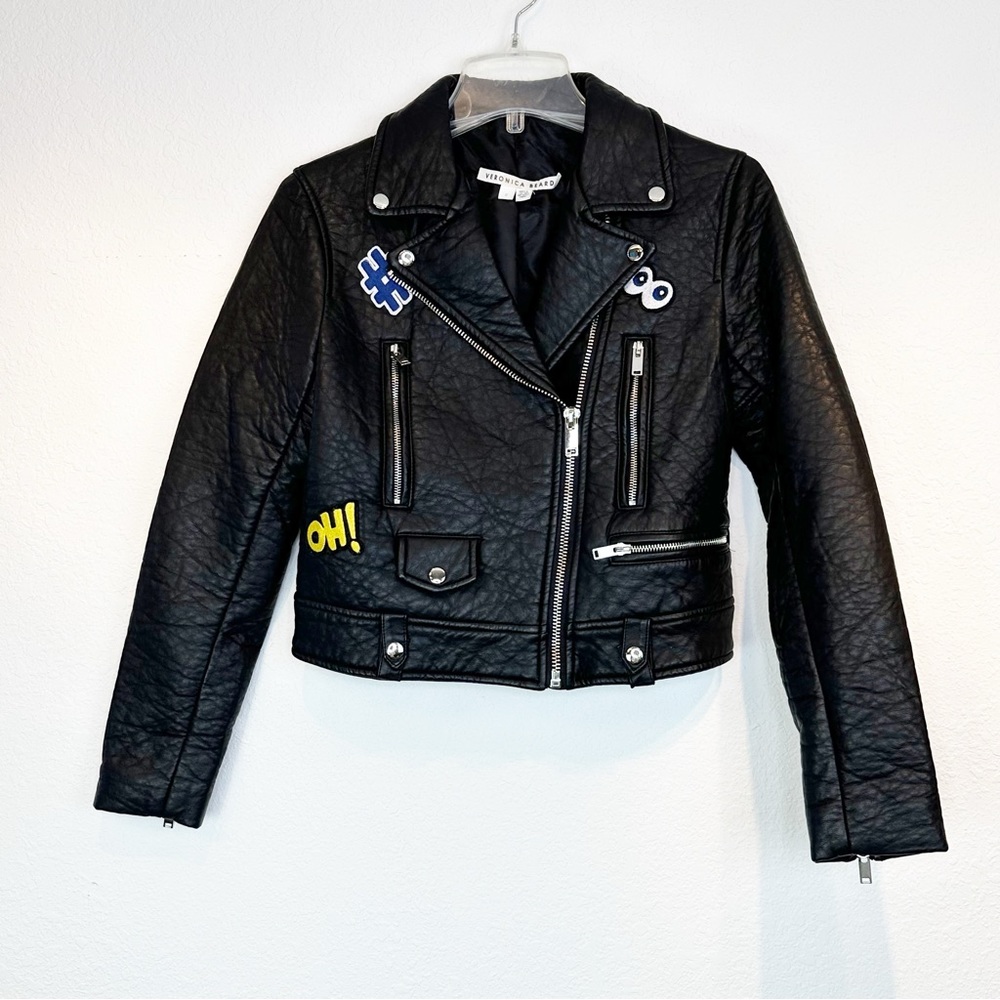 Veronica Beard Faux Black Leather Moto Jacket Patches Size 0/XS